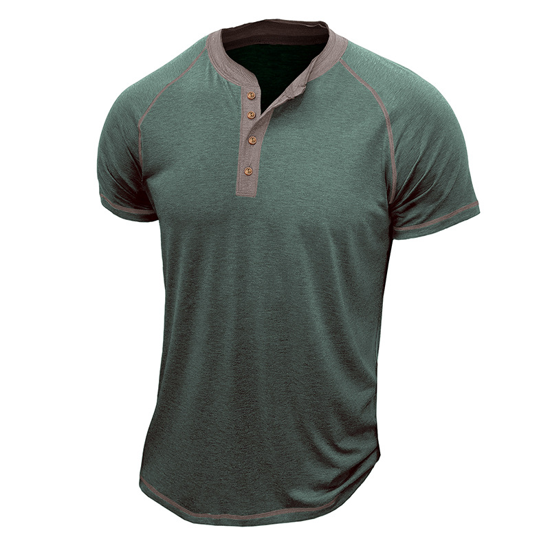 2024 Sommer Kurzarm Rundhals Herren Henry Shirt T-Shirt Color Block Top_voghion.com