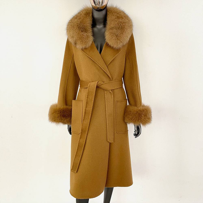 Dámské oblečení Fox Fur Collar Water Ripple oboustranný vlněný kabát pro ženy Luxusní vysoce kvalitní vlněný kabát_voghion.com