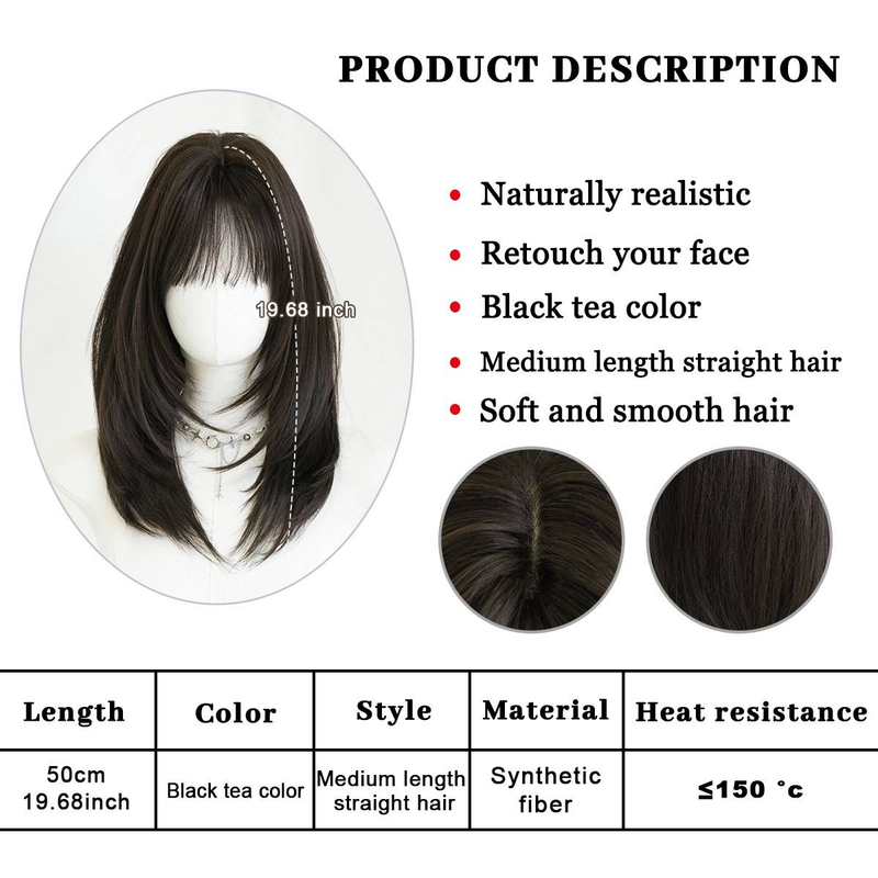 Wig Female Black Tea Color Shoulder-length Straight Hair Wig Daily Outing Full Headgear_voghion.com