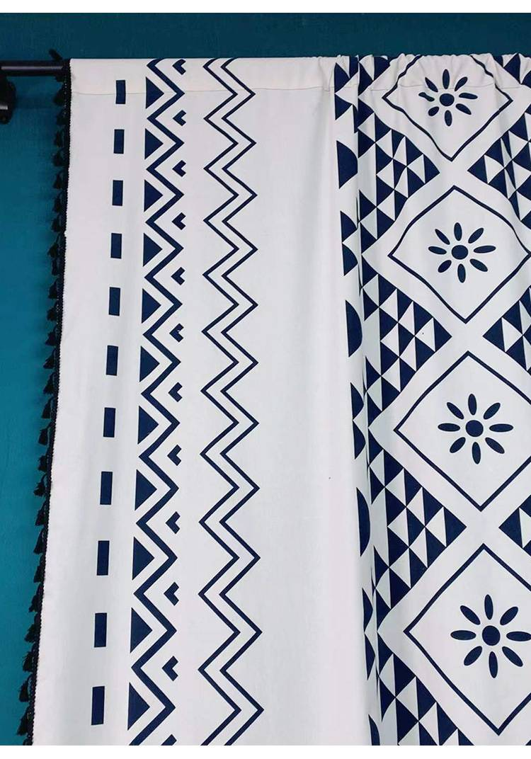Bedrukte linnen gordijnen in Boheemse stijl - semi-transparante gordijnen voor woonkamer, slaapkamer en meer (zonnedriehoeken/zwarte cirkels/multi-geopatronen)_voghion.com