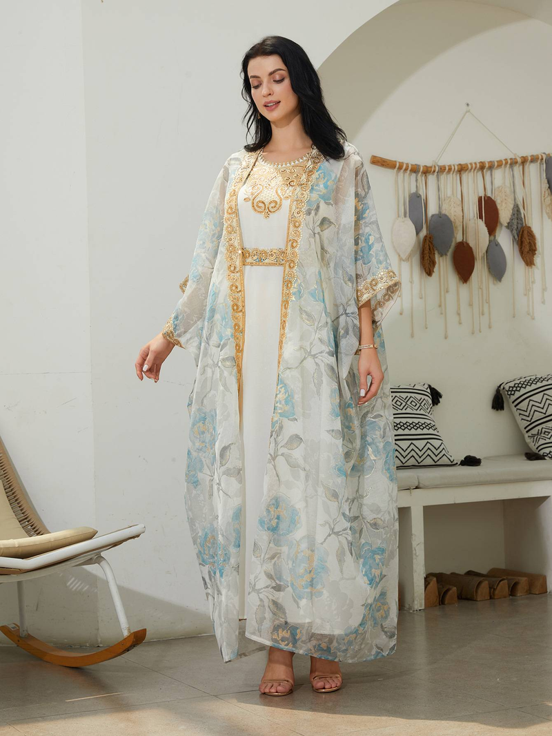 Elegant Muslim Abaya Dress With Gold Embroidery & Floral Appliques - Long Sleeve Evening Gown Two-Piece Set (Light Blue, M/L/XL/XXL)_voghion.com