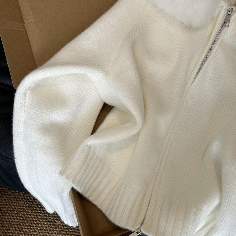 Elegante Strickjacke mit Kapuze, Prinzessärmeln, Wellenbesatz, Reißverschluss vorne (Weiß, S-XL)_voghion.com