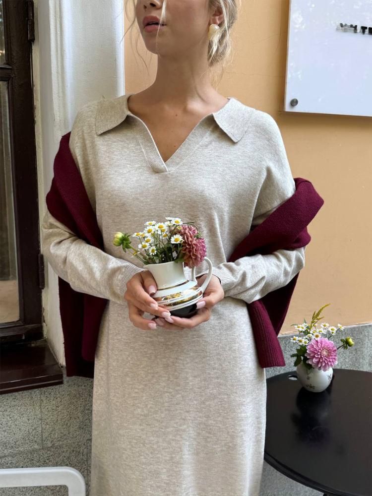 Elegante abito in maglia con spacco alto - Silhouette lunga fluida Abito in maglia morbido con collo a forbice Gonna lunga ampia ed elegante e versatile_voghion.com