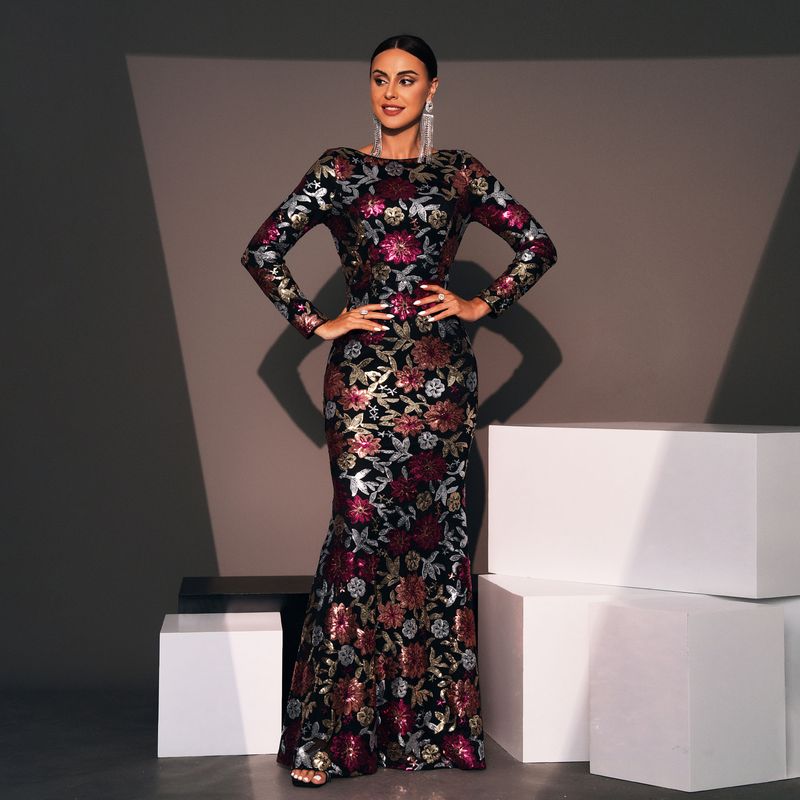Damenbekleidung Abendkleid Langarm Temperament Rundhals Sexy Schlank Lange Pailletten Bankett Brautjungfernkleid Kleid Weiblich_voghion.com