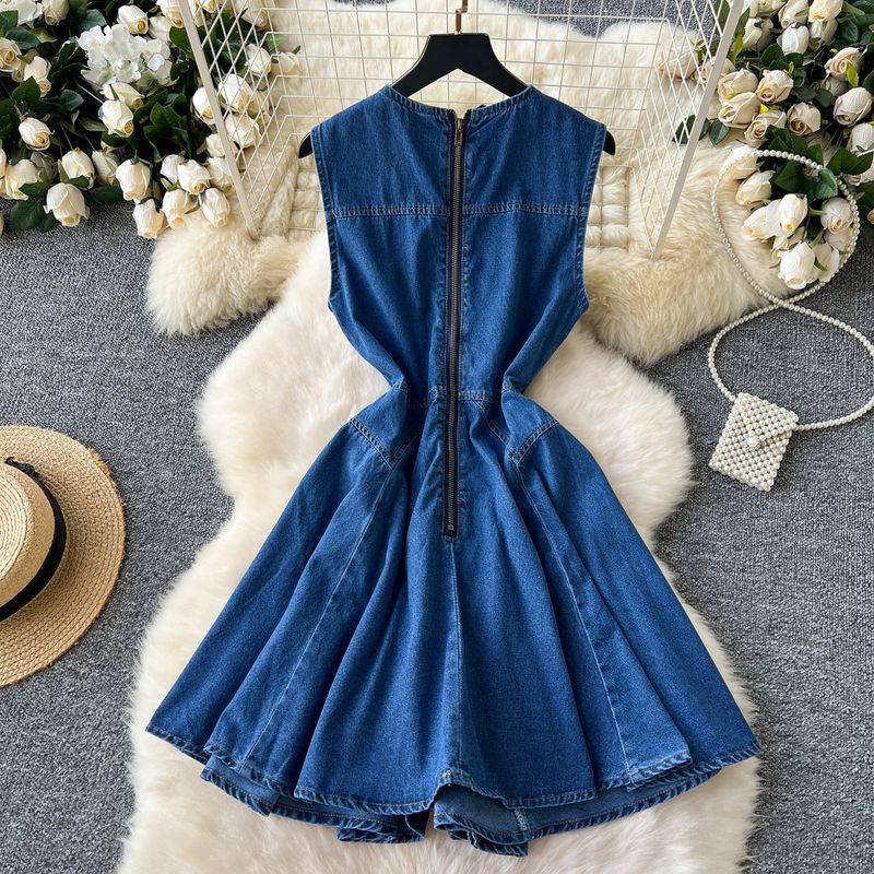 Dameskleding Mouwloos vest Denim rok Taille afslankend Zwaar kralen enkelrijs geplooide jurk_voghion.com