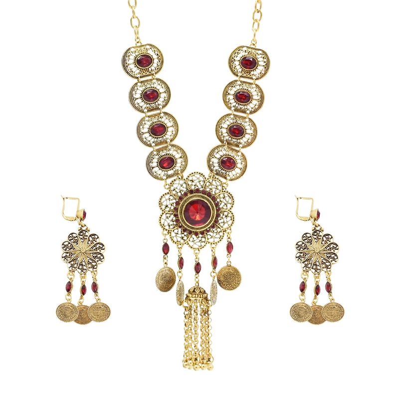 Collana in lega intarsiata per donna, orecchini a strozzo con nappe e moneta a forma di fiore cavo, set di due pezzi_voghion.com