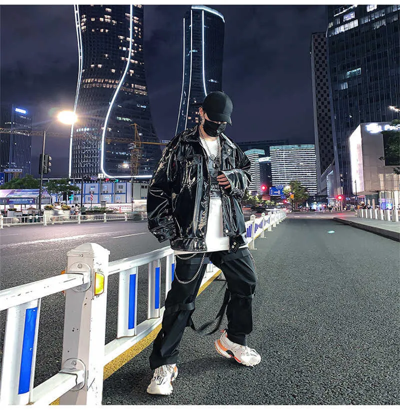 Giacca da uomo in finto Mauroicardi autunno oversize riflettente in vernice lucida con tasche a maniche lunghe 2022 gotico allentato_voghion.com
