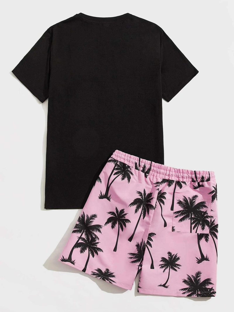 Conjunto de camiseta de manga corta de algodón con estampado hawaiano y pantalones cortos a juego para hombre: un atuendo de verano transpirable para playa, vacaciones y uso informal._voghion.com