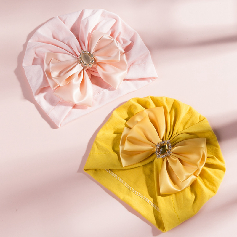 Gorro indio infantil con lazo y diamantes de imitación brillantes, gorros de algodón suave y agradable para la piel para niña, turbante, lazos hechos a mano a la moda_voghion.com