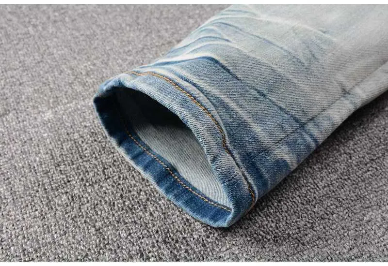 Men's Men Cracked Pleated Patch Jeans Streetwear Slim Skinny Stretch Denim Pants Holes Ripped Patchwork Tapered Trousers_voghion.com