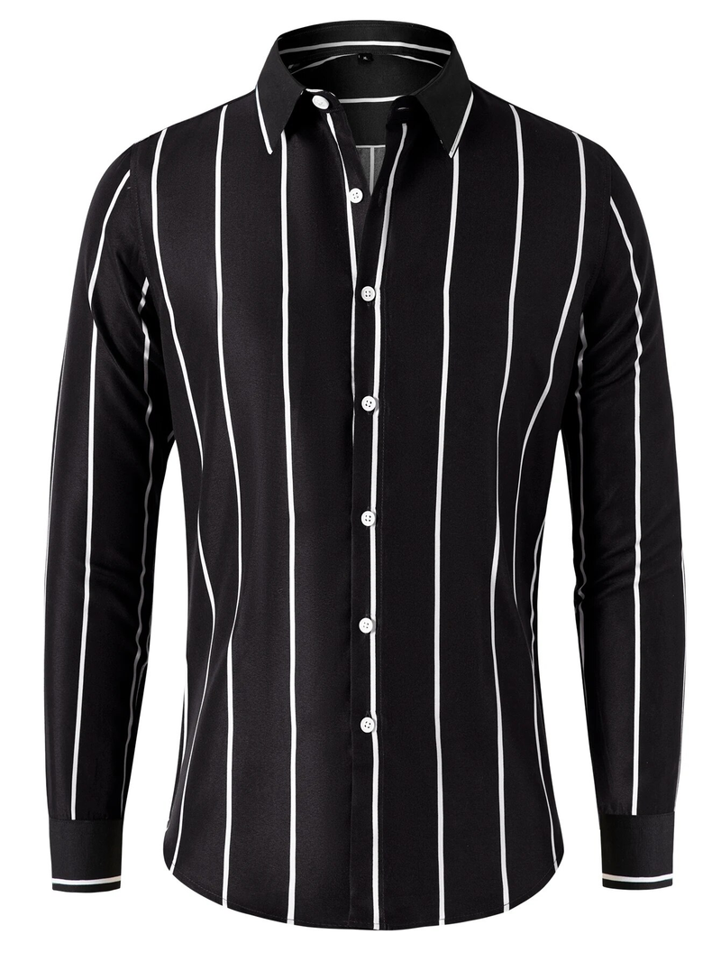 Camicia da uomo a maniche lunghe a righe larghe slim fit casual moda nero bianco top_voghion.com