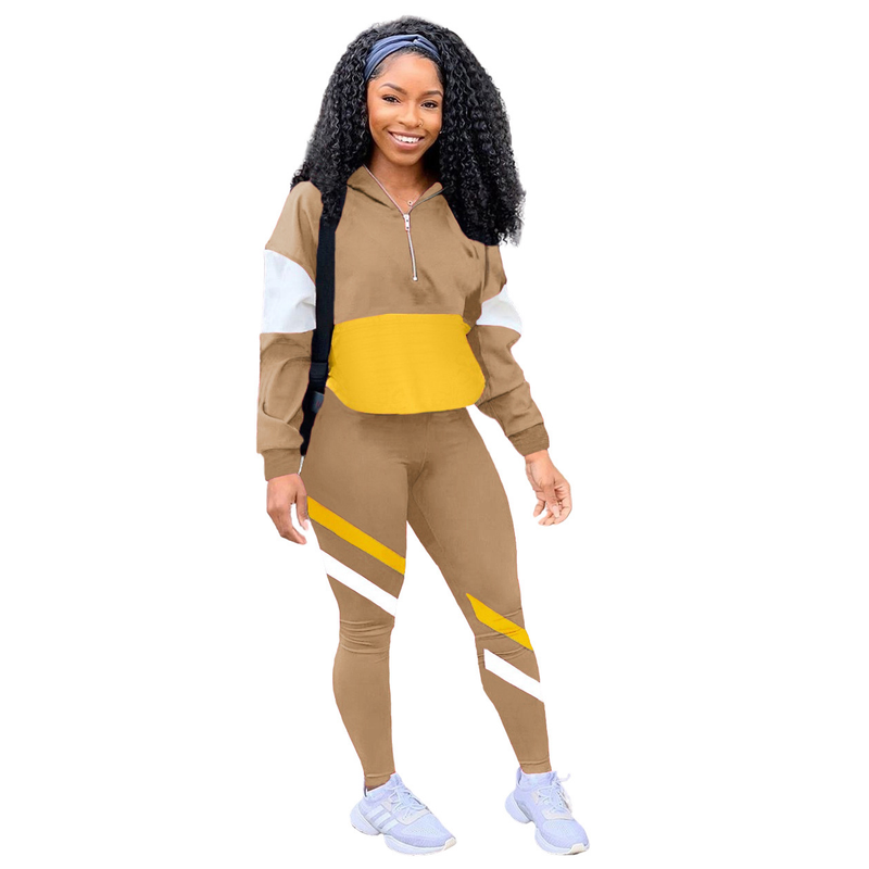 Zweiteiliger Freizeit-Sportanzug für Damen im Farb-Patchwork-Design_voghion.com