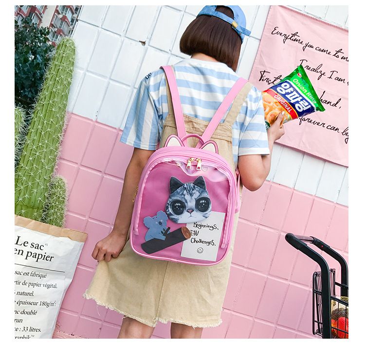 Zaini in pelle con orecchie di gatto adorabili Borsa trasparente color caramello Borse a tracolla da donna Zaino da viaggio per ragazze adolescenti_voghion.com