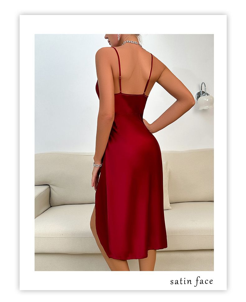 Sexy gola de balanço tentação pijama feminino longo cor sólida sem mangas suspender saia casa wear_voghion.com