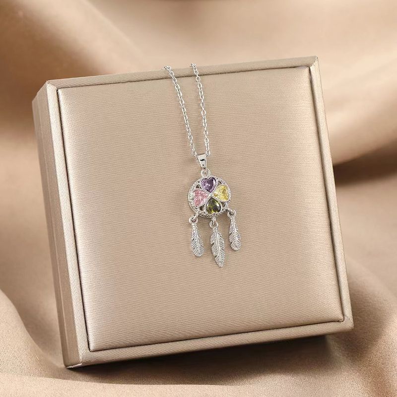 Titanium Steel Necklace, Women's Diamond Studded Love Dream Catcher, Light Luxury, Niche Fashion Sense, Feather_voghion.com
