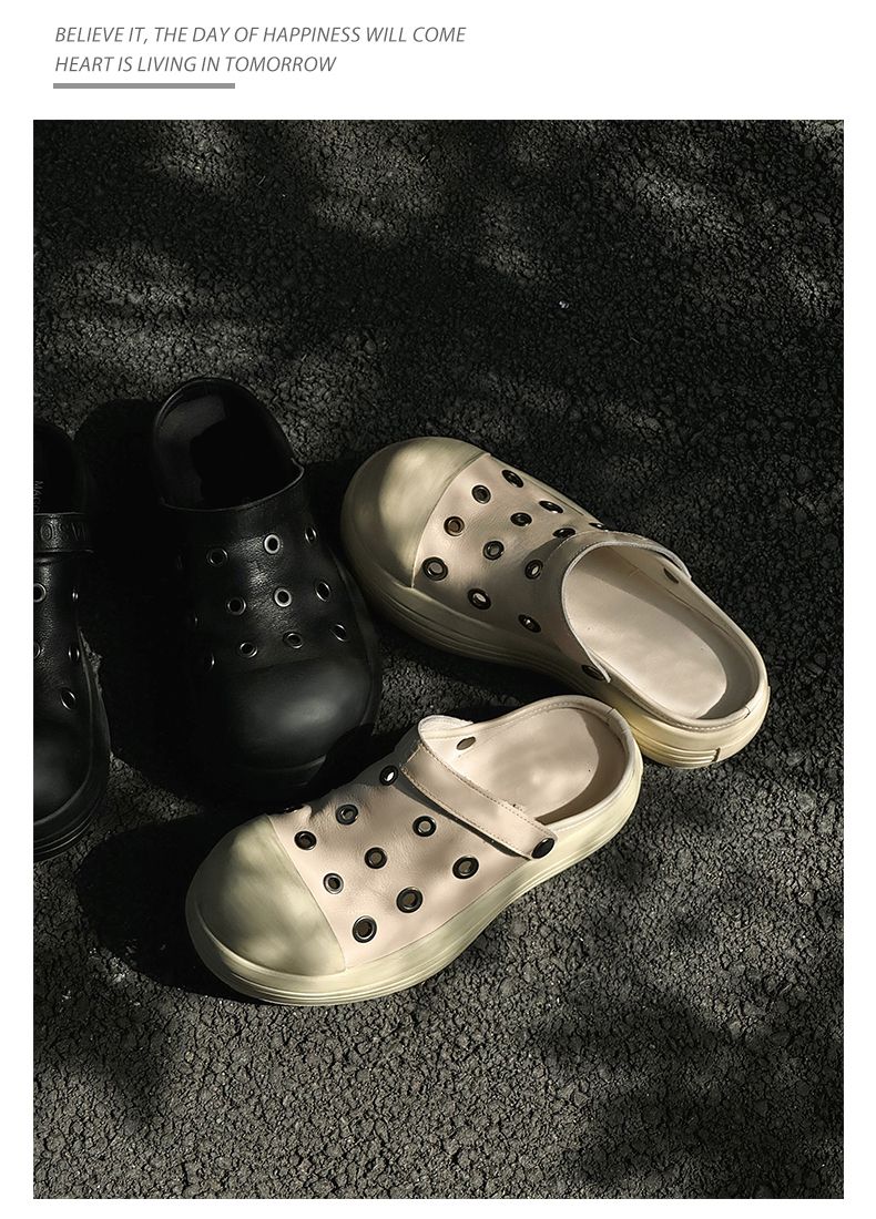 Fgmm Big Black Hole Shoes Slip-on Men's And Women's Same Thick Sole Height Increasing Loafers Closed Toe Half Slippers_voghion.com