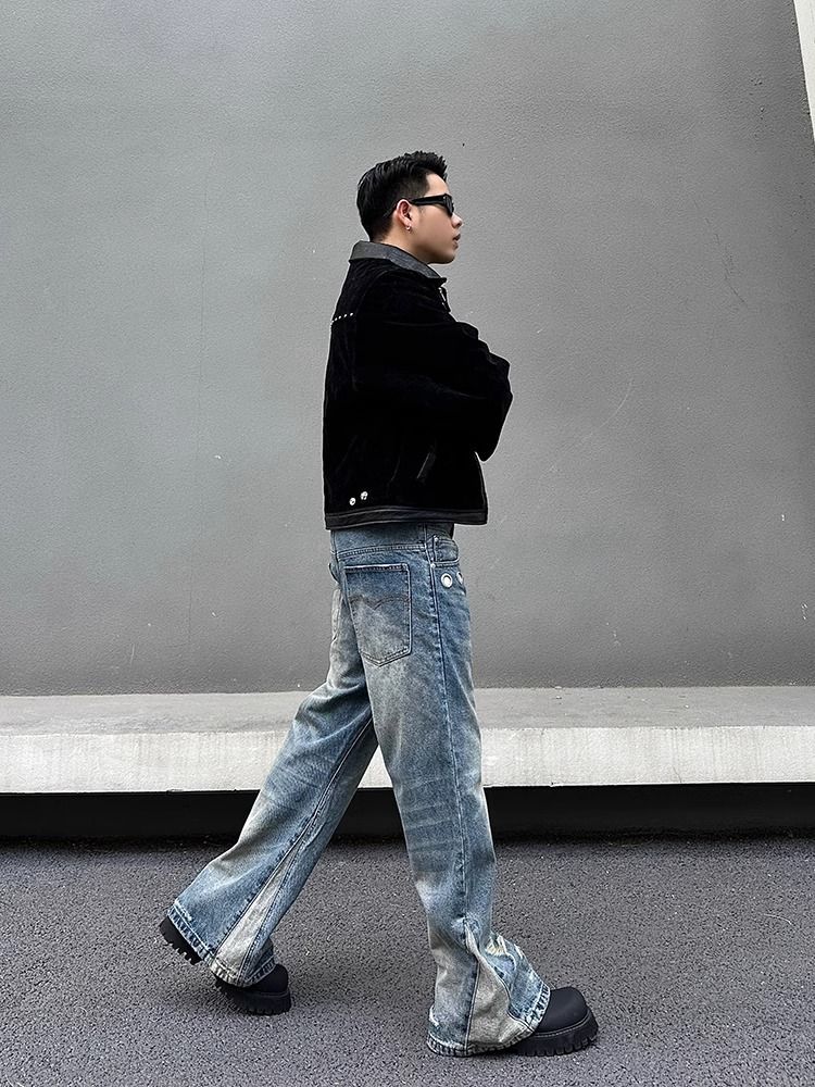 Herrenbekleidung 2025 American Deconstructed Stitching Doppelte Taille Destroyed Jeans Herren Straight Slim Flared Cleanfit Hose_voghion.com