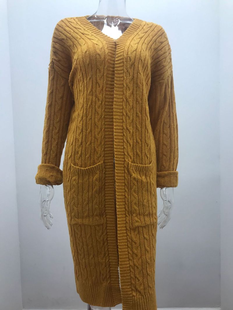 Langer Cardigan-Pullover für Damen mit Doppeltaschen, grob gestrickter Mantel mit offener Vorderseite, weiche Baumwoll-Acryl-Mischung, übergroßer V-Ausschnitt, lässig_voghion.com