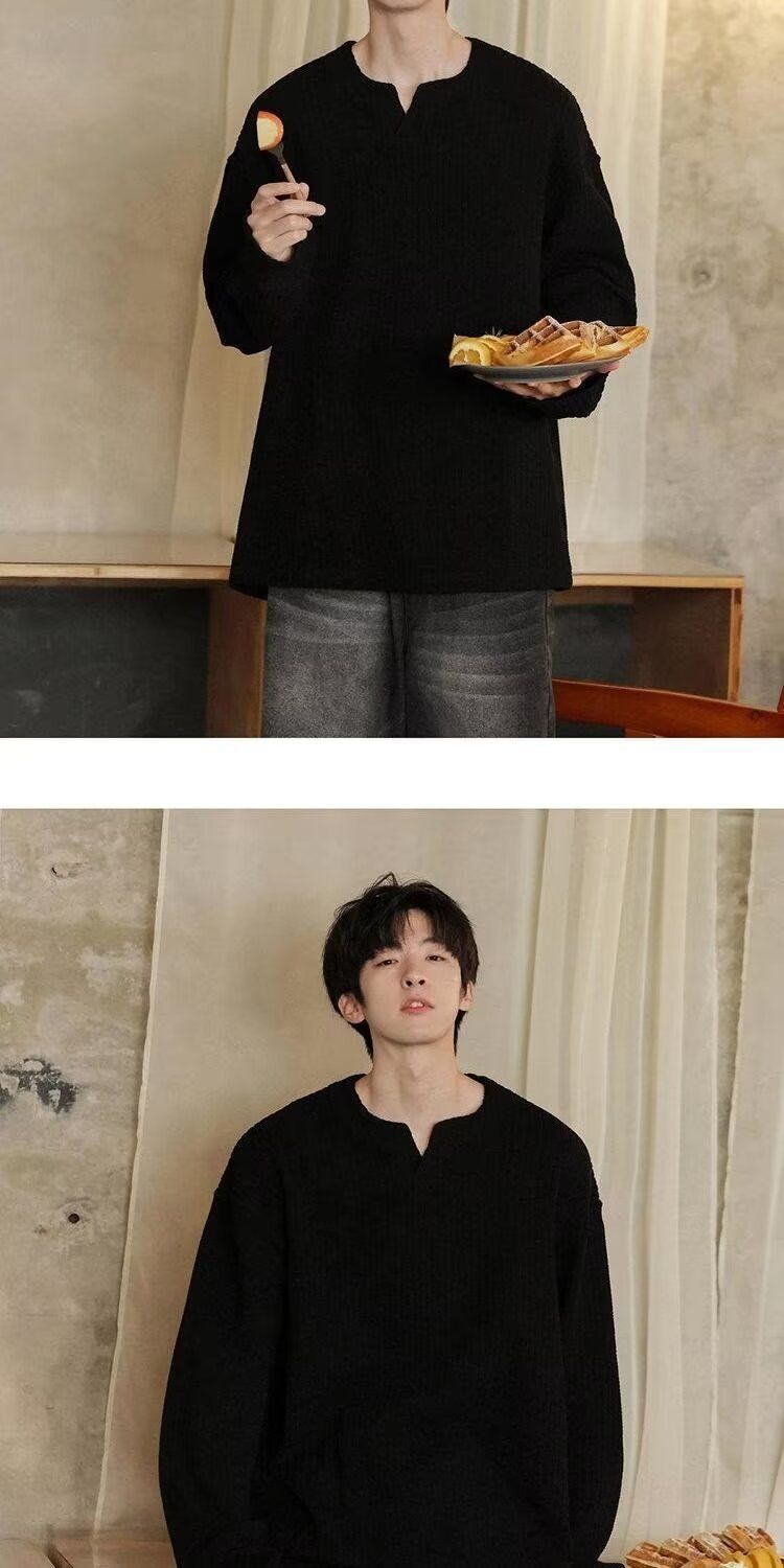 Maglietta a maniche lunghe con scollo a V e trama piccola per uomo, felpa base per primavera e autunno, stile americano alla moda_voghion.com