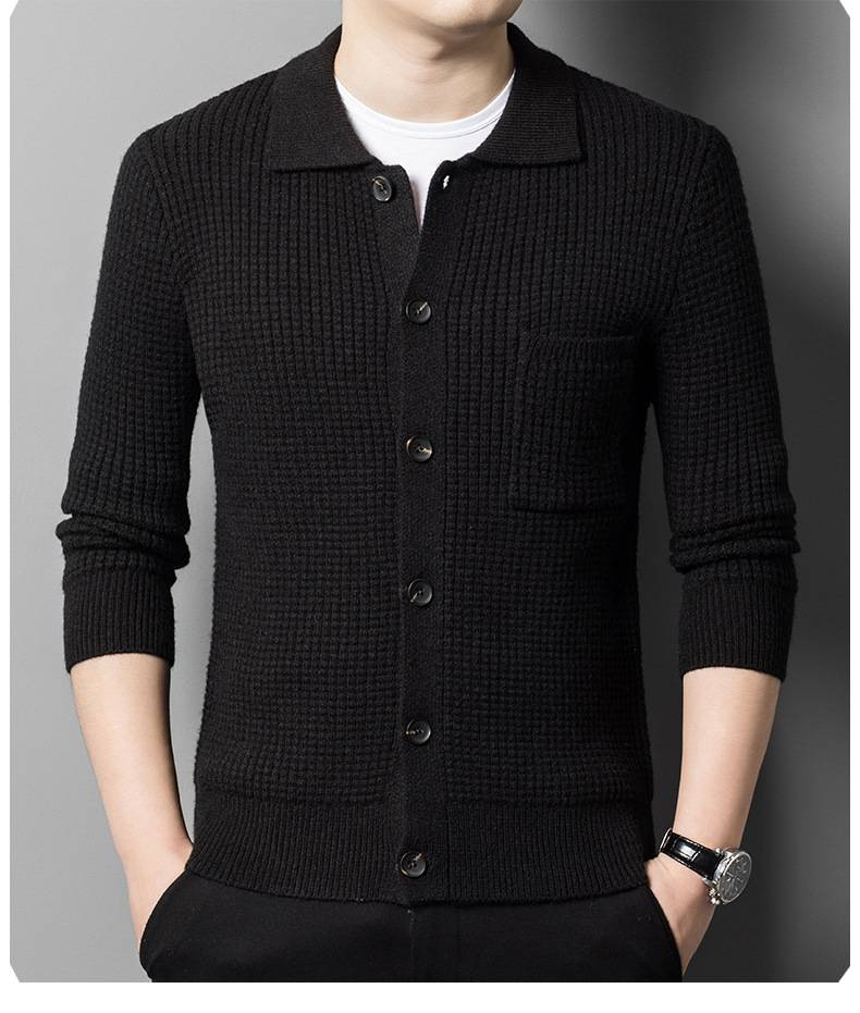 Waffle sweater knitted cardigan men's lapel coat autumn men's fit trendy sweater casual and versatile outer wear_voghion.com