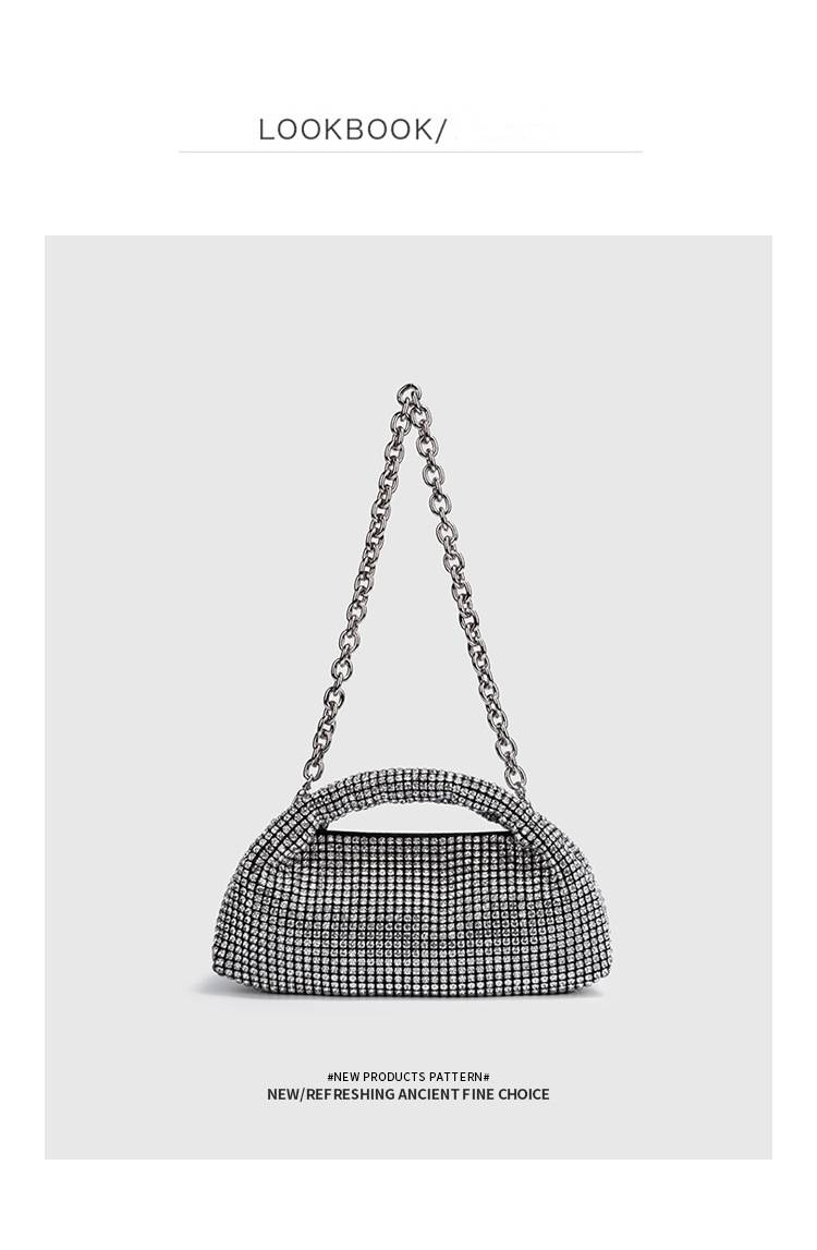 Classic rhinestone bag for women's evening party, high-end evening wear bag, shell bag, chain strap, one shoulder handbag with full diamond texture_voghion.com
