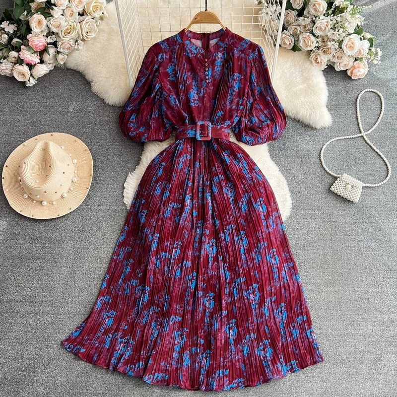 Rochie elegantă plisată cu imprimeu floral pentru femei, cu mânecă scurtă, guler rotund, talie subțire, linie A_voghion.com