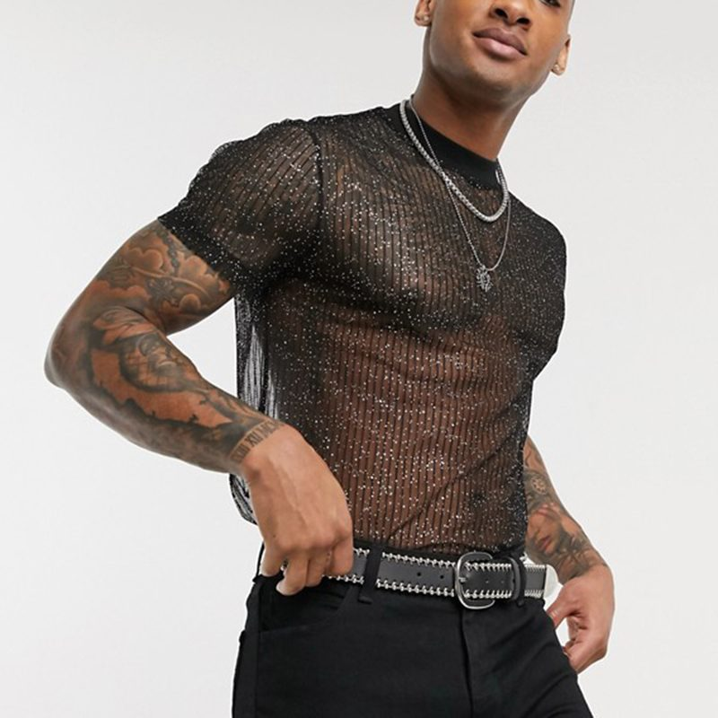 New See-through, Breathable, Thin And Fashionable Nightclub Party Base Layer Tulle Men's T-shirt_voghion.com