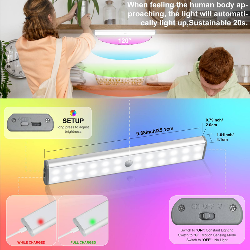 Lampe de placard à détecteur de mouvement de 9,88 pouces, 24 LED RVB rechargeables sans fil (lot de 1)_voghion.com