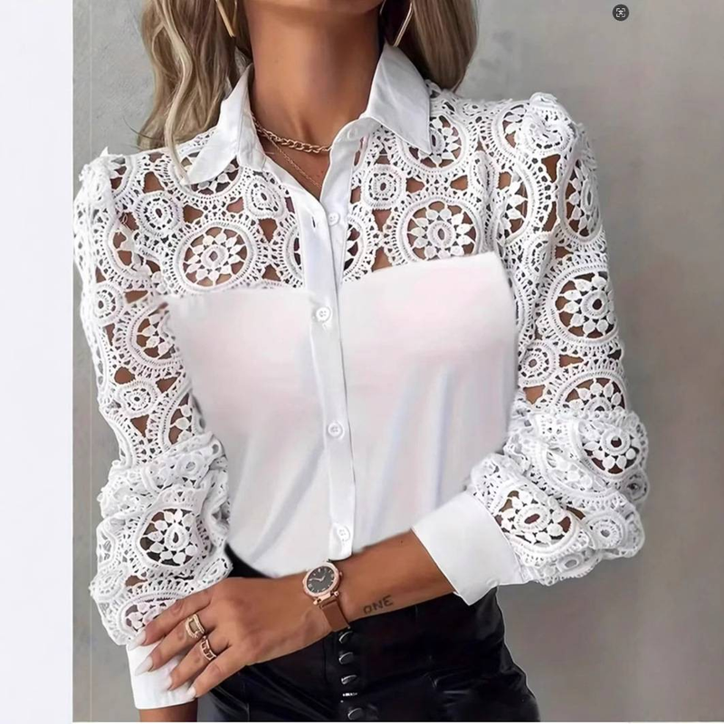 Elegantes Button-Up-Hemd mit Spitzenbesatz – Halbtransparente Langarmbluse (Weiß, 1XL-4XL, Freizeit- und Bürokleidung)_voghion.com