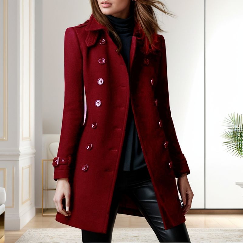 Damenbekleidung Zweireihiger Wollmantel Langer Trenchcoat Mit Taschen Slim Fit Lässige Herbst-Winterjacke_voghion.com