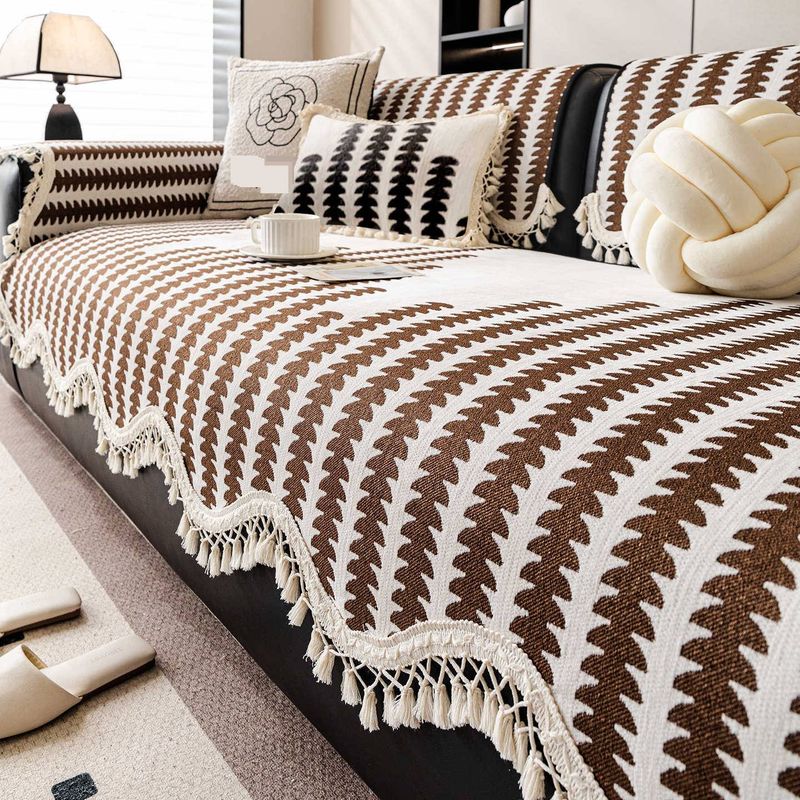 Chenille Sofa Cushion Cover With Tassels – Vintage Striped Design, Non-Slip & Custom Sizes (Bohemian Style, Universal Fit For Sectional Sofas)_voghion.com