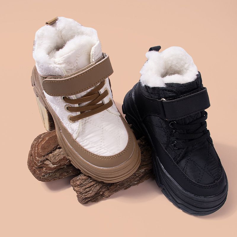 Kids' Fleece-Lined Winter Boots – Warm PVC Snow Boots With Velcro & Non-Slip Sole (Sizes 26-32, Black/Beige)_voghion.com