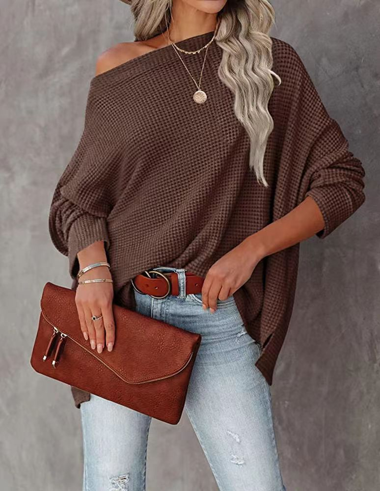 Lässige, schulterfreie Oberteile aus Waffelstrick für Damen in Übergröße. Strickwaren in zehn Größen für Damen_voghion.com