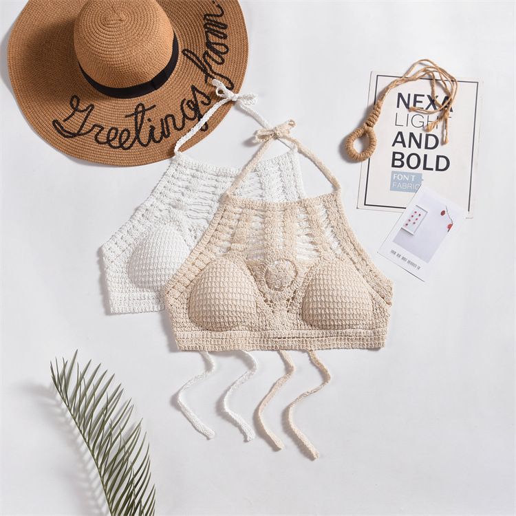 Halter neck small vest camisole women short style inner wear with exposed shoulder straps chest pad top backless hollow tube top embroidered vest_voghion.com