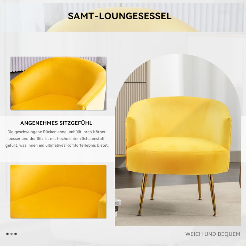 Samtstoff-Sessel Gelb: Ergonomischer Akzentstuhl, Goldene Beine, Verstellbare Beine, Für Wohnzimmer/Schlafzimmer/Zuhause_voghion.com
