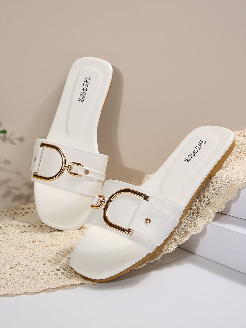 Women's Shoes Women's New Fashion Slippers Classic Temperament With Solid Color Metal Decoration Square Head Flat Sandals_voghion.com