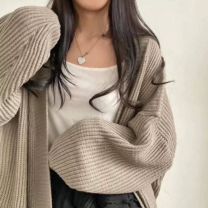 South Korea Chic Autumn Winter Age-Reducing Loose Casual Lazy Versatile Mid-Length Sweater Cardigan Women's Warm Coat_voghion.com