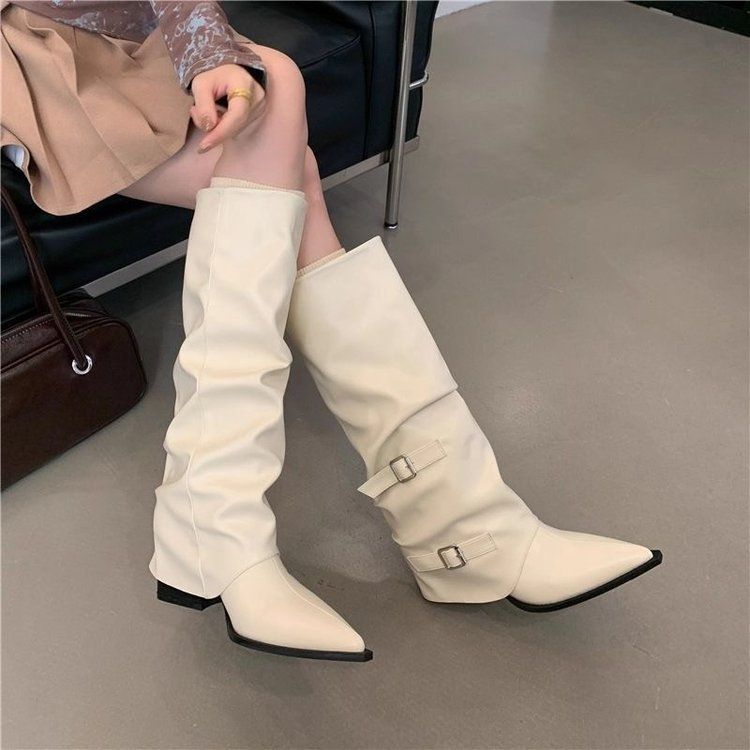 ShoeGlobe ShoeGlobe Pointed Toe Buckle Pleated Slouch For Women, Chunky 2025 Punk Riding Boots, Street Style Hot Girl High Heel Long Boots_voghion.com