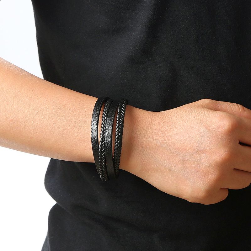 new leather hand woven bracelet men's magnet buckle stainless steel bracelet jewelry women's_voghion.com