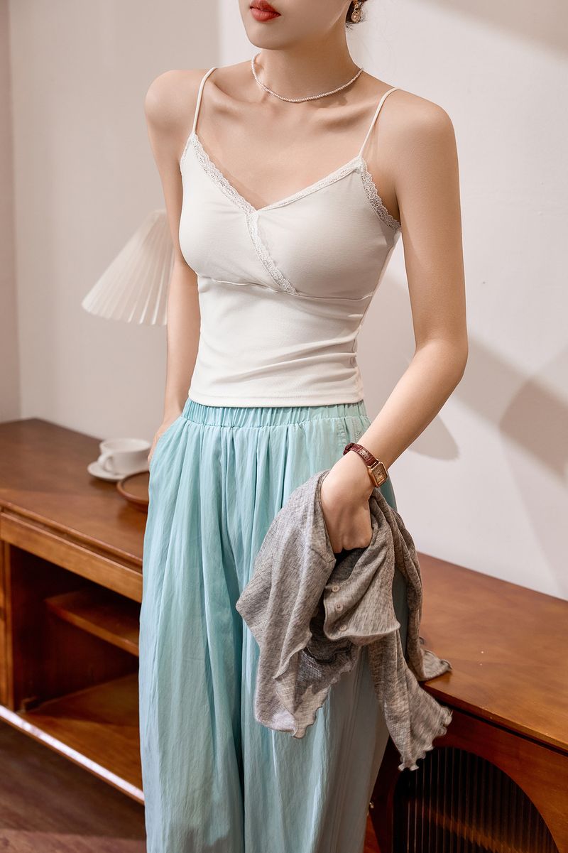 #Lyocell Zhen Quality # Canotta estiva da donna in pizzo con scollo a V e spalline sottili, vita alta, sexy, interno/esterno_voghion.com
