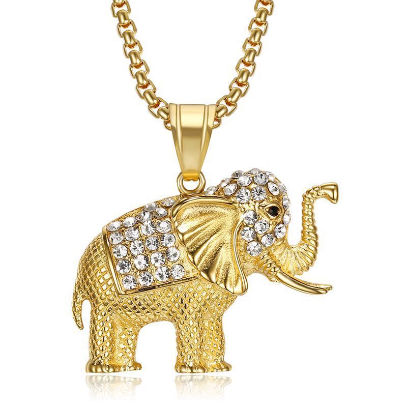 Collar con colgante de elefante con diamantes incrustados en acero de titanio y chapado en oro de Hip Hop_voghion.com