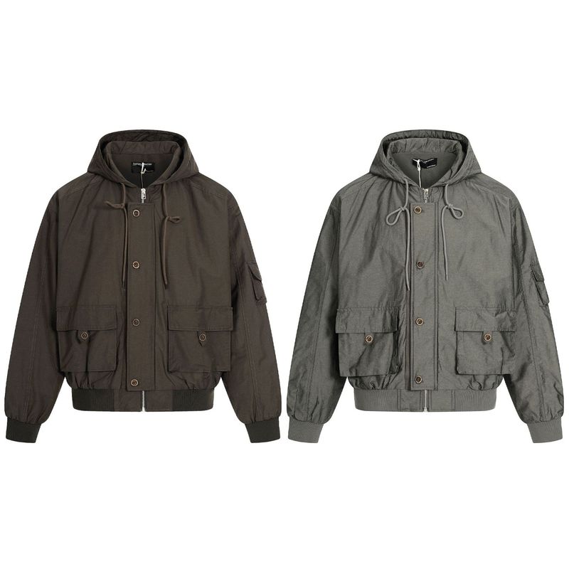 11KN Kapuzenjacke im amerikanischen Stil für Männer und Frauen, einfarbiger Arbeitskleidungsstil, lockerer, lässiger, kurzer, weiter Mantel aus Lyocell_voghion.com