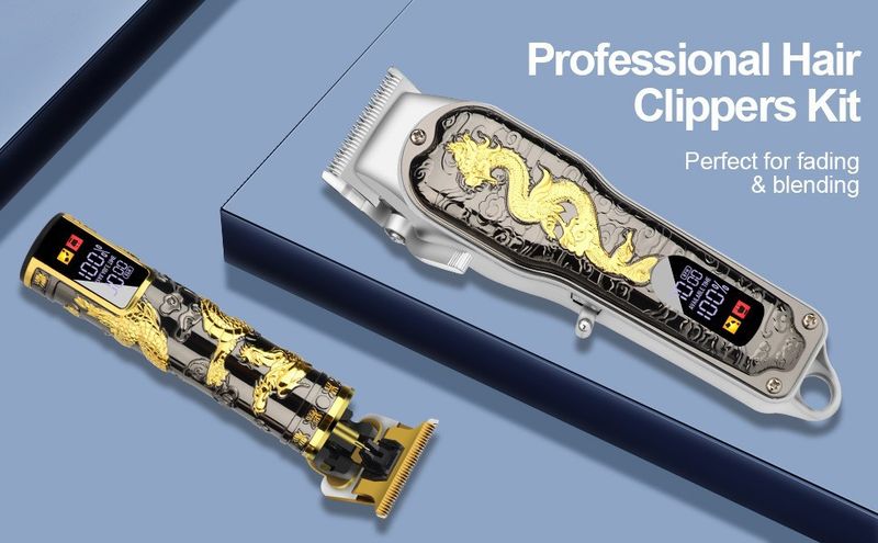 Professional Hair Clipper Set – Digital Display Cordless Trimmer With Detachable Blades & Dragon/High Hat Themed Covers_voghion.com