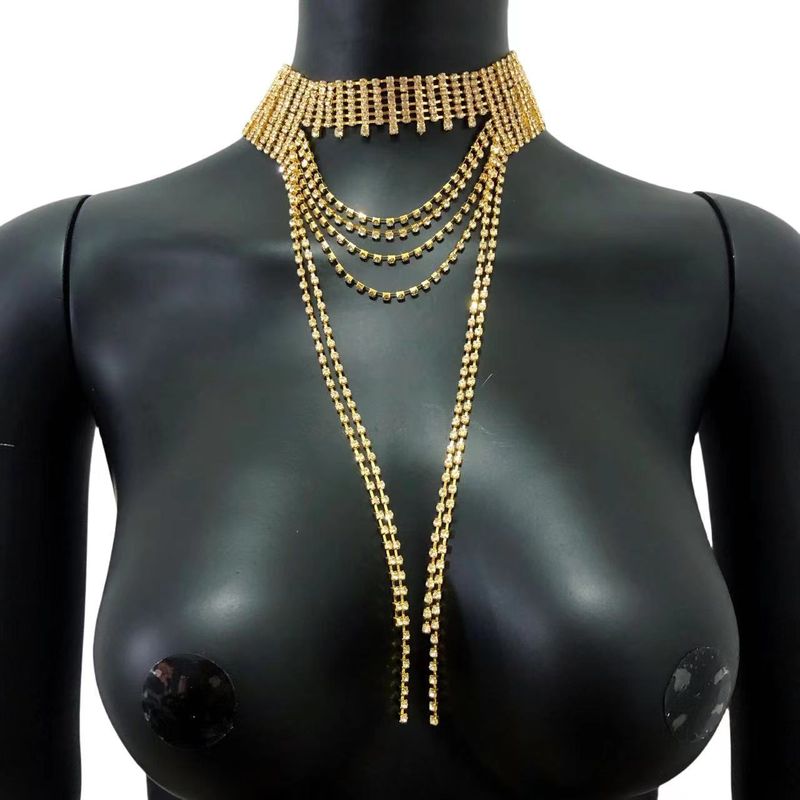 Collier de luxe en cristal brillant pour femme, personnalité exagérée, irrégulier, plein de diamants, chaîne de clavicule à pompon multicouche, collier en strass_voghion.com