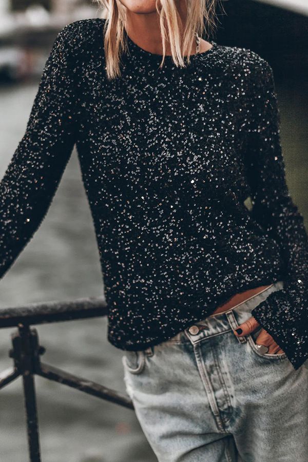 Camicia da donna con scollo tondo a maniche lunghe e paillettes INS top casual con spacco ampio_voghion.com