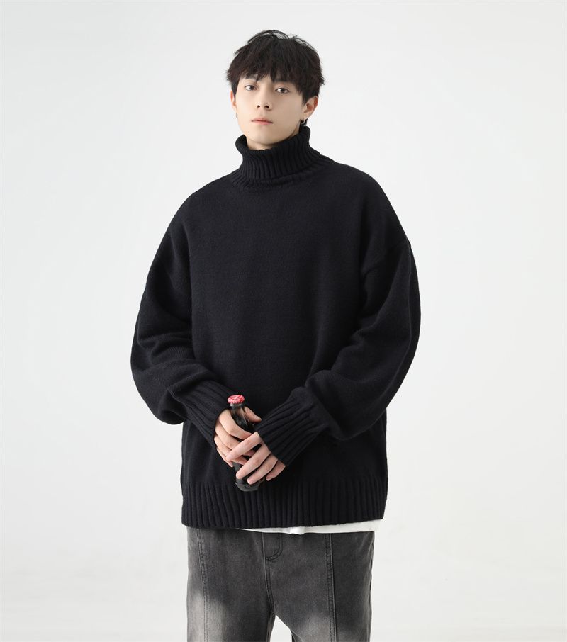 QOTRIOCK Turtleneck For Men Winter Loose Solid Color Fleece Lined Thickened Warm Couple Knitted Base Shirt Sweater_voghion.com