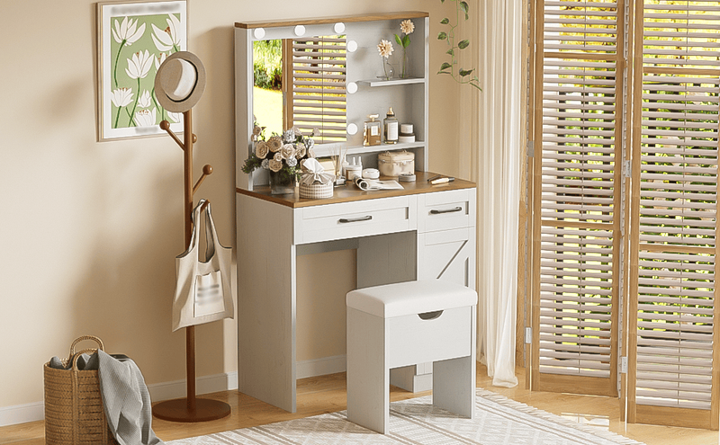 Farmhouse Makeup Vanity Desk With Mirror And Lights, 3 Lighting Modes, Vanity Set With Stool, Dressing Table With Adjustable Shelves,2 Drawers And Side Cabinet For Bedroom, White_voghion.com