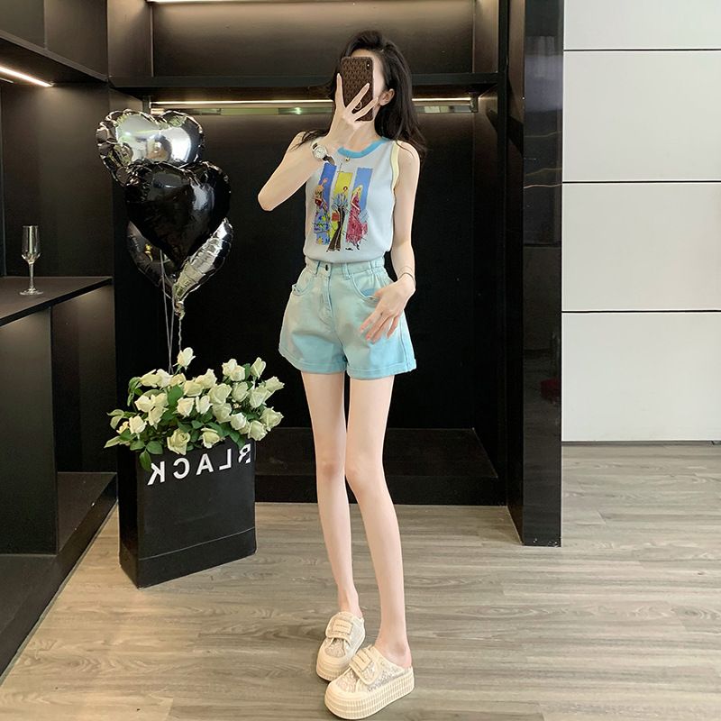 Audday Petite Dopamin für Frauen Sommer Salz Stil Jugendlicher Sport Casual Ice Silk Weste und Shorts Zweiteiliges Set Abnehmen_voghion.com