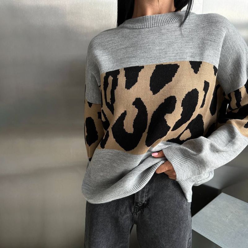 New Leopard Print Sweater Color Block Fashion Trend Loose Round Neck Lazy Style Early Autumn Women's Outerwear_voghion.com