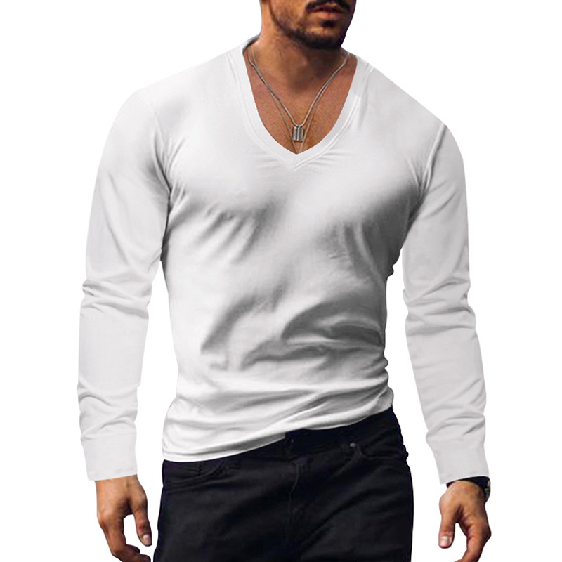 Herrenbekleidung, T-Shirt, Oberteil, Herbst und Winter, unten, V-Ausschnitt, einfarbig, große Größe, lässiges T-Shirt mit langen Ärmeln_voghion.com